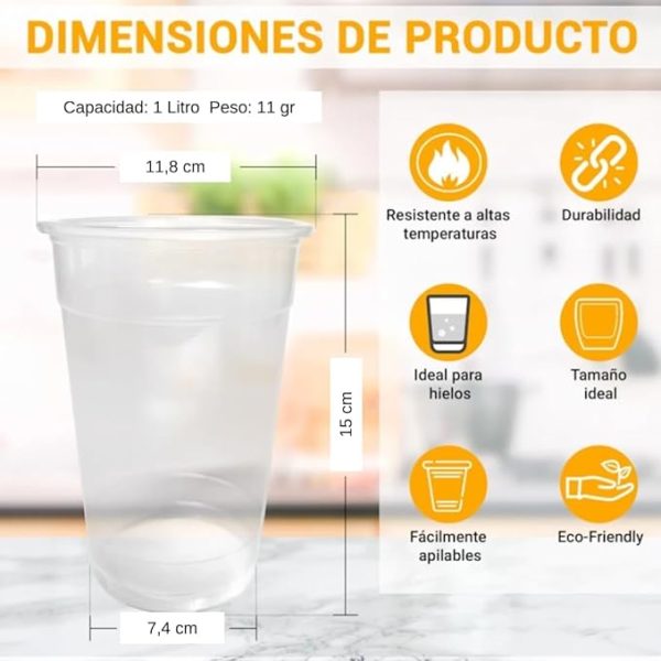 PAWOPA Litronas - vasos de plástico transparentes y reutilizables de litro (1000 ML) - Imagen 6